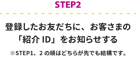 step2 登録したお友だちに、お客さまの「紹介ID」をお知らせする※STEP1、2の順はどちらが先でも結構です。