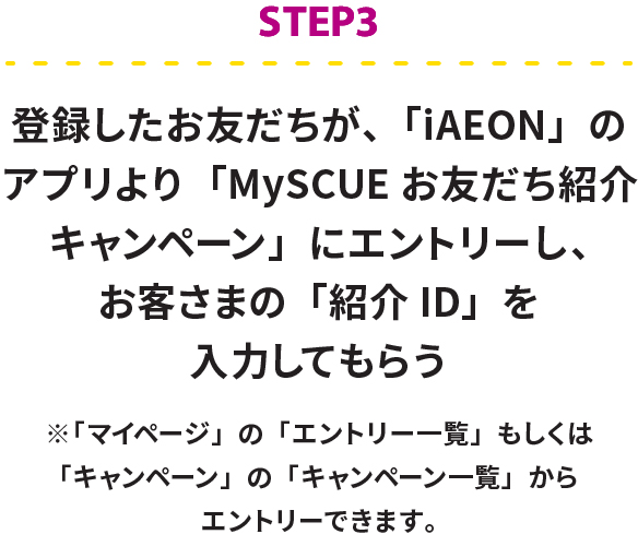 step3 登録したお友だちが、「iAEON」のアプリより「MySCUEお友だち紹介キャンペーン」にエントリーし、お客さまの「紹介ID」を入力してもらう※「マイページ」の「エントリー一覧」もしくは「キャンペーン」の「キャンペーン一覧」からエントリーできます。