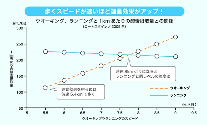 ウォーキング、ランニングと１kmあたりの酸素摂取量との関係