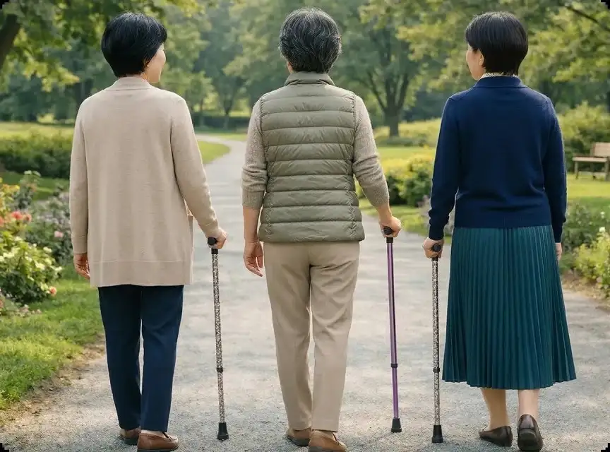 杖を使って歩くシニア女性たち